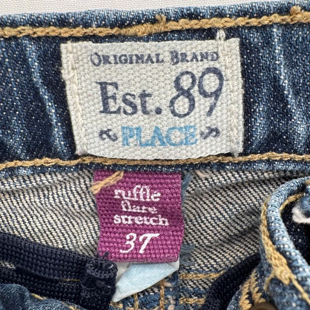 The Childrens Place Girls 3T Ruffle Flare Stretch Jeans Adjustable Medium Wash